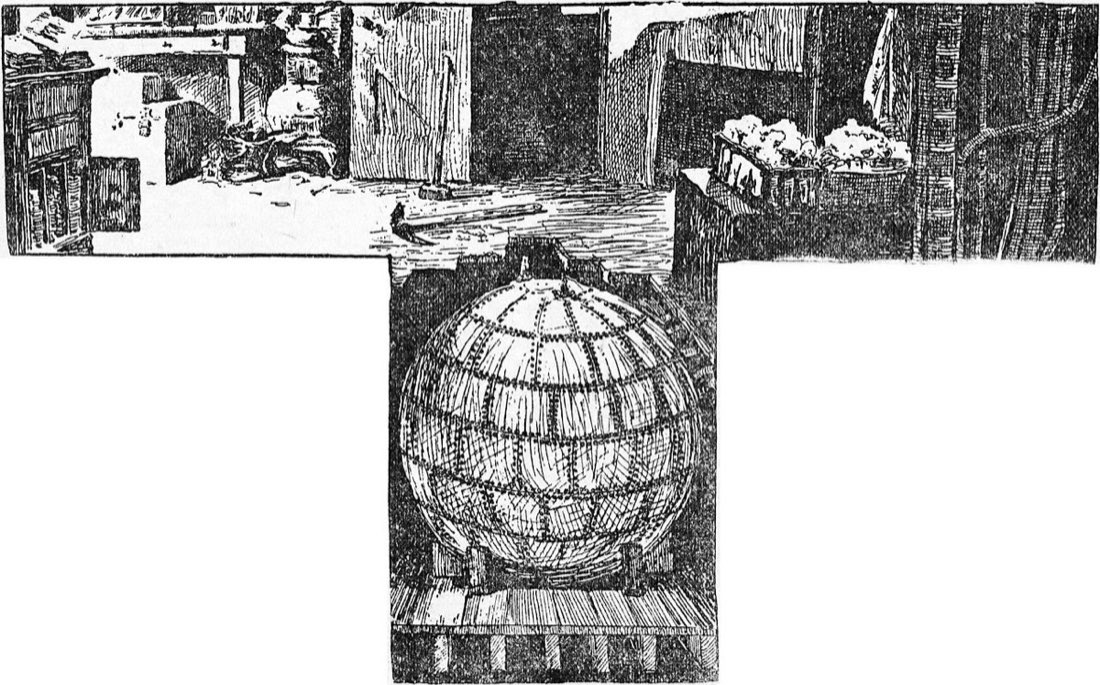 1899 newspaper illustration of the three-ton steel sphere discovered beneath Keely's laboratory floor.
