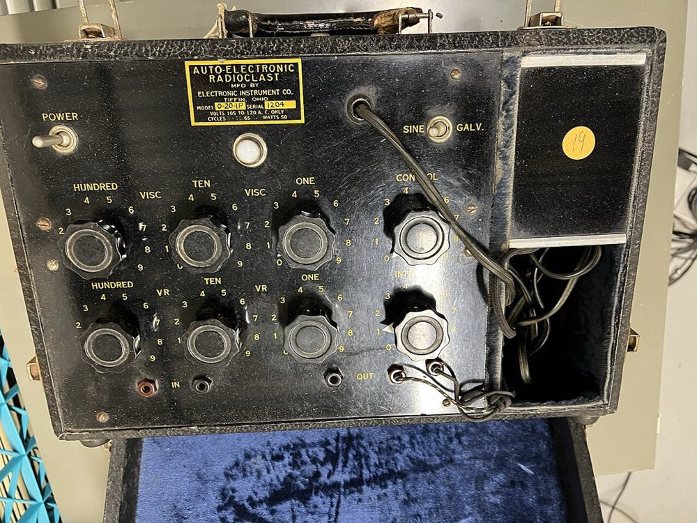 Close-up photograph of the dial bank of a Radioclast, an Abrams-lineage radionics instrument.