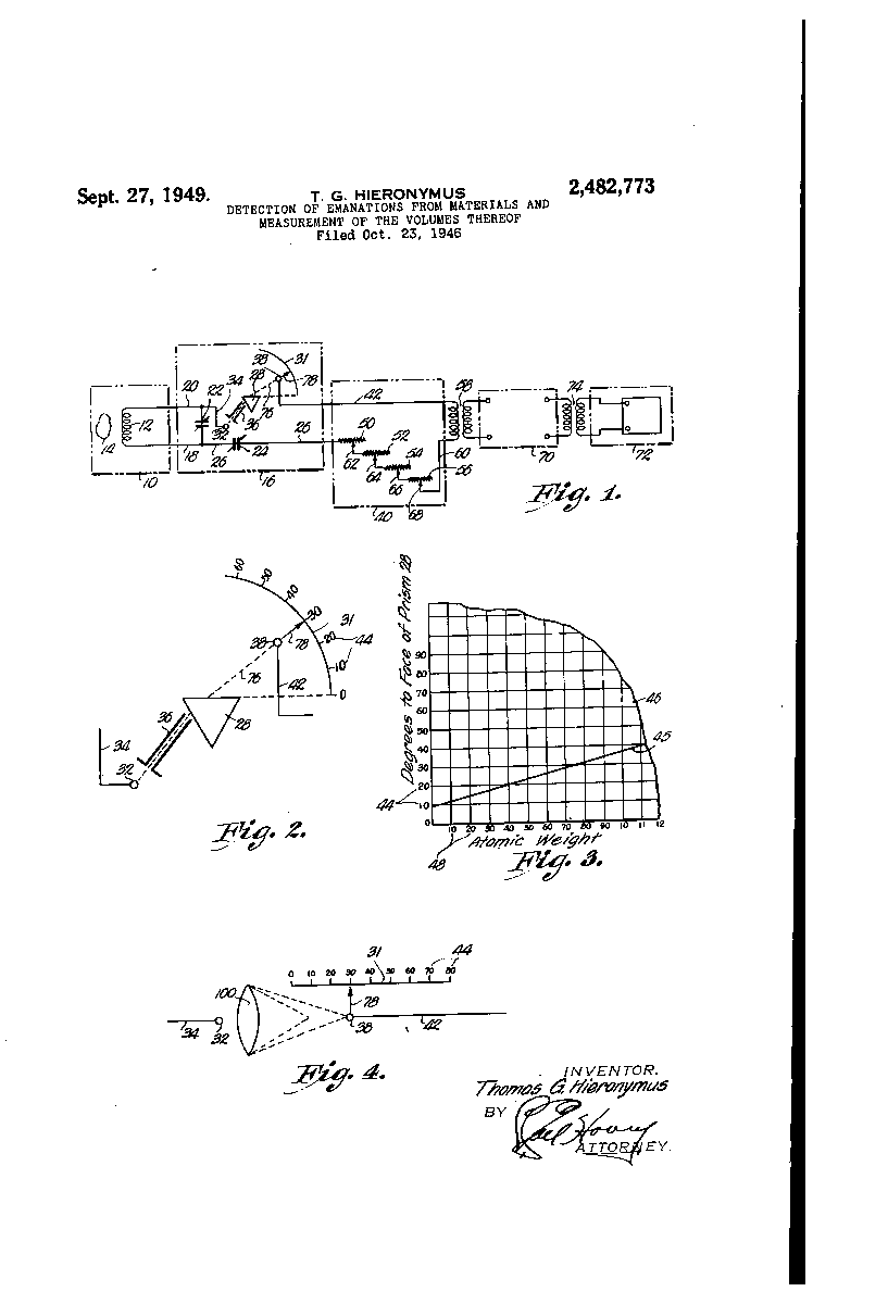 Drawing sheet from US Patent 2,482,773: circuit schematic, prism detail, atomic-weight calibration curve, and the operator's pointer.