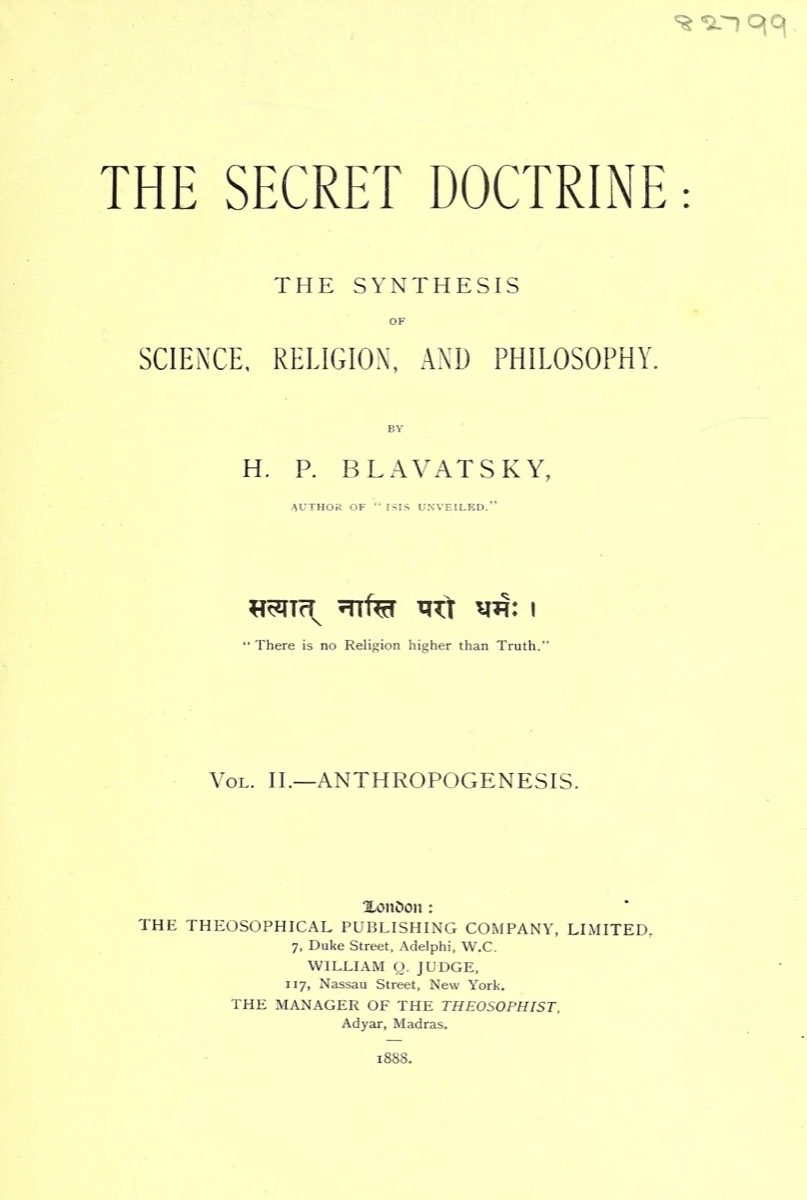 Title page of The Secret Doctrine, volume II, Theosophical Publishing Company, 1888.