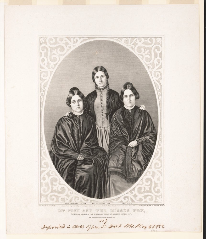 1852 lithograph portrait of the three Fox sisters, the founding mediums of spiritualism.